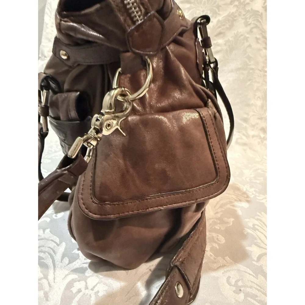 Junior Drake Megan large satchel Purse Bag Brown Leather front utility pockets